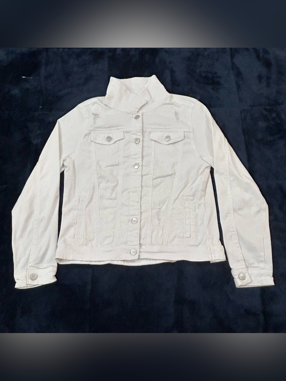 Skinny Fries Denim Distressed White Button Up Collared Jean Jacket Girls Size L